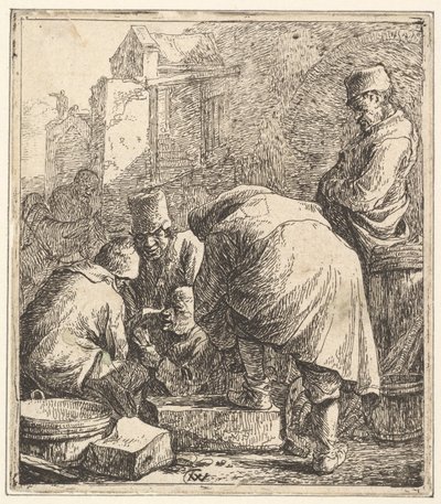 Man Adjusting His Footwear, Three Men Playing Cards by Thomas Wijck