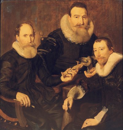 Group portrait of three gentlemen, three-quarter length, seated in black costumes with lace collars by Thomas de Keyser