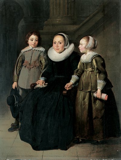 Portrait of a Lady, Full Length, Seated, in a Black Dress with White Ruff and Cap, Holding a Handkerchief, with Her Son in a Grey Doublet and Her Daughter in a Green Dress by Thomas de Keyser