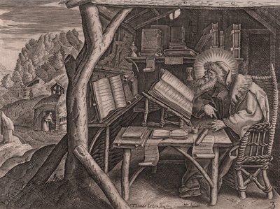 Saint Evagrius Ponticus immersed in his studies (etching and burin by Thomas de Lieu) by Thomas de Leu
