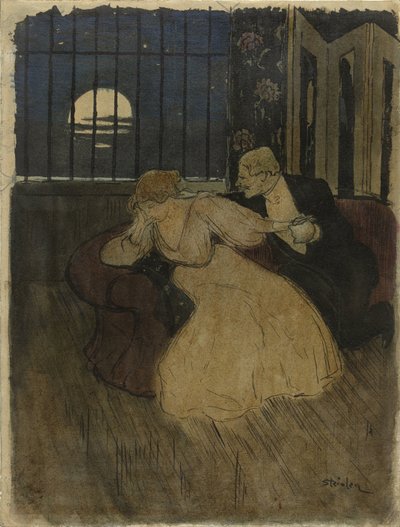 Gentleman in Coat Trying to Persuade a Hesitant Lady on a Sofa by Théophile Alexandre Steinlen