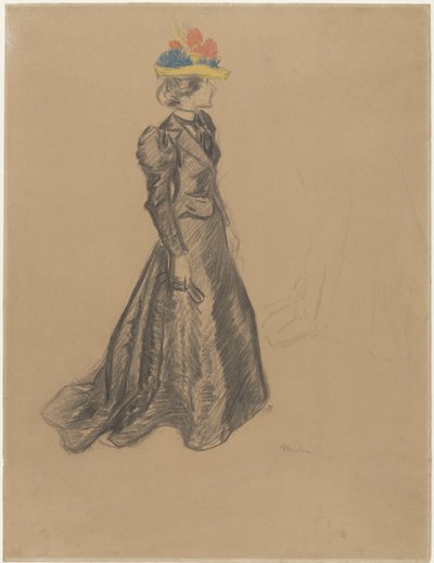 Standing Lady in Black Outfit with Train and a Colored Straw Hat with Summer Flowers by Théophile Alexandre Steinlen