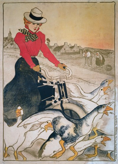 Woman on Motorized Velocipede and Group of Geese by Théophile Alexandre Steinlen