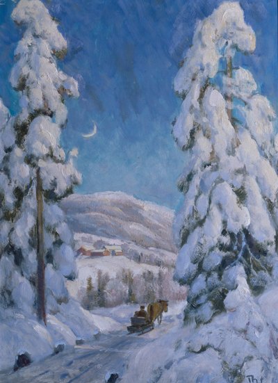 Horse and Sledge in Winter Landscape by Thorolf Holmboe