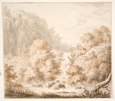 Mountain Landscape with Trees and Waterfall, and Three Figures by Thorsten Elias Hjaltelin