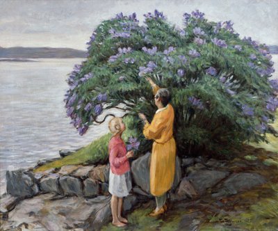 Woman and Child by the Lilac Bush by Thorvald Torgersen