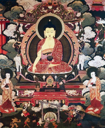 Buddha seated between his two great disciples Cariputra and Maudgalyayana, scenes from the Life of Buddha Sakyamuni, Tibetan civilization by Tibetan School