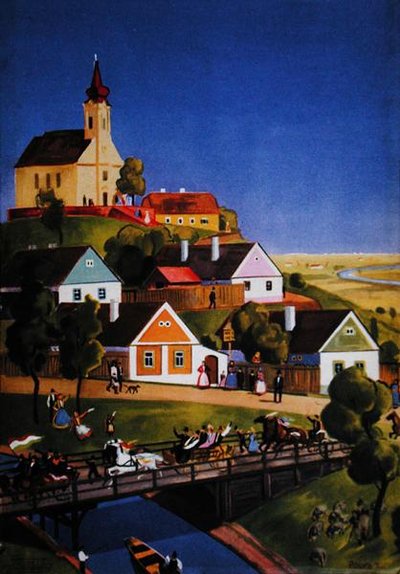 The Typical Hungarian Village, Illustration from a Tourist Brochure, c.1930-40 by Tibor Polya