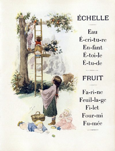 Letters E and F representing children baking oranges, late 19th century (chromolithograph) by Timoleon Marie Lobrichon
