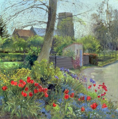 Red Tulips and Bedfield Church by Timothy Easton