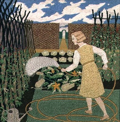 A woman watering the garden by Tirzah Ravilious