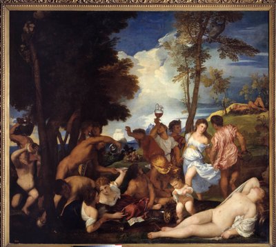 Arrival of Bacchus on Andros Island. Image depicting Fete of satires and bacchantes in honor of the divinity Bacchus. Painting by Tiziano Vecellio called the Titian by Tiziano Vecelli