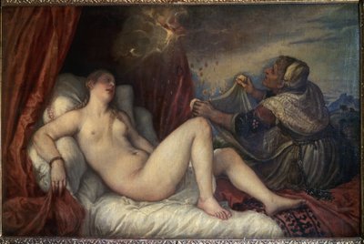 Danae. Greek mythology: Zeus presents himself to Danae in the form of a shower of gold coins to seduce her. Painting by Titian by Tiziano Vecelli