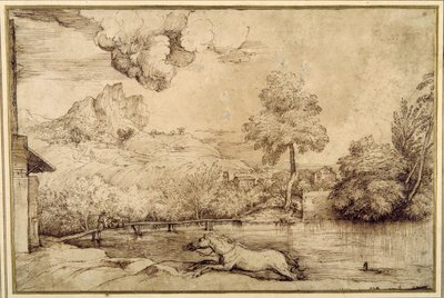 Landscape: a riderless horse pursued by a serpent by Titian (c.1488 1576)