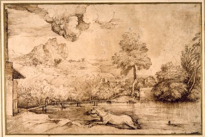 Landscape: a riderless horse pursued by a serpent by Titian (c.1488 1576)