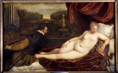 The concert. A nude woman lies near a man playing the organ by Tiziano Vecelli