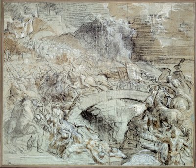 Wars of Italy: The Battle of Cadore - Battle that in circa 1508 the town of Pieve di Cadore allied with the Venetians with the troops of Maximilian I of Habsburg. Drawing with black stone and washing by Titian by Tiziano Vecelli