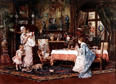 Mother and Child in an Elegant Interior by Tito Lessi