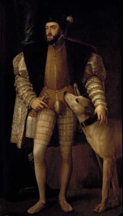 Charles V Holy Roman Emperor and King of Spain with his Dog, 1533 by Tiziano Vecelli