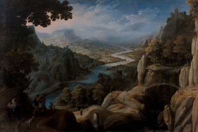 An Extensive Mountainous River Landscape with the Reconciliation of Jacob and Laban, a Fortified Town on a Cliff Top Beyond by Tobias Verhaecht