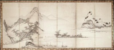 Travellers on a lakeside bridge, c.1700 by Toetsu Toetsu
