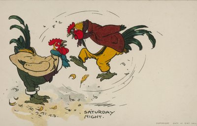 Saturday night, two chickens fighting by Tom Browne