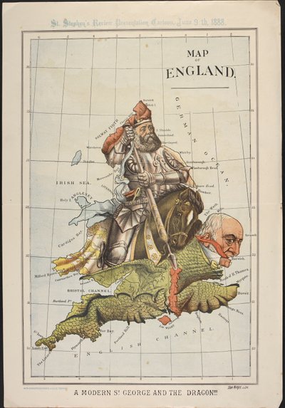 A Modern St George and the Dragon: A political cartoon, in the shape of a map of England, satirising Gladstone