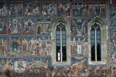 Figures of Saints, fresco on outside walls of Moldovita monastery by Toma de la Suceava