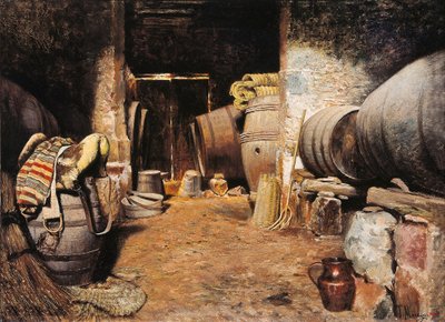 Inner of a cell. Barn with barrels in hay and horse saddle by Tomas Moragas y Torras