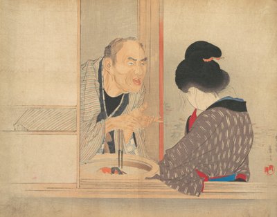 A Scolding Ochiyo, illustration from Bugei Kurabu Literary Club by Tomioka Eisen
