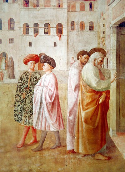 (detail) St. Peter, from the Raising of Tabitha, c.1427 by Tommaso Masolino da Panicale