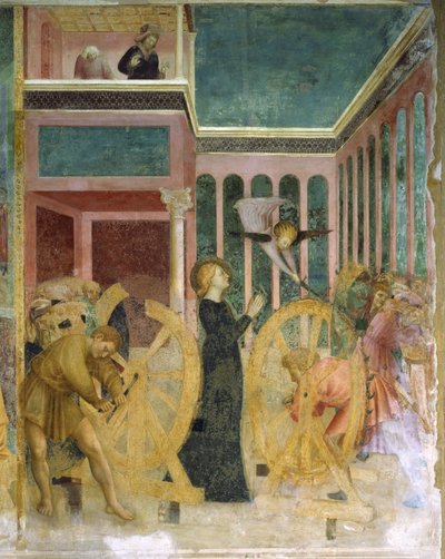 St Catherine among wheels, details from Stories of St Catherine by Tommaso Masolino da Panicale