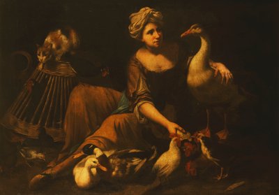 A Girl Feeding Cockerels, with a Cat on a Basket, a Goose, Duck and other Birds by Tommaso Salini