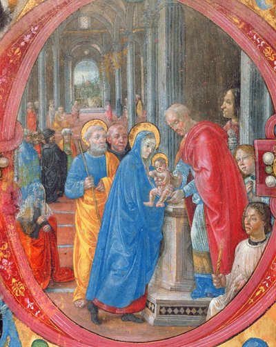 Corale B 26 c.113r Historiated initial C depicting the Presentation in the Temple, with a portrait of Lorenzo the Magnificent by a column on the right hand side (detail) by Tommaso di Baldassare