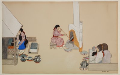 Women Weaving and Supervising Kiln, Early 20th Century by Tonita Peña