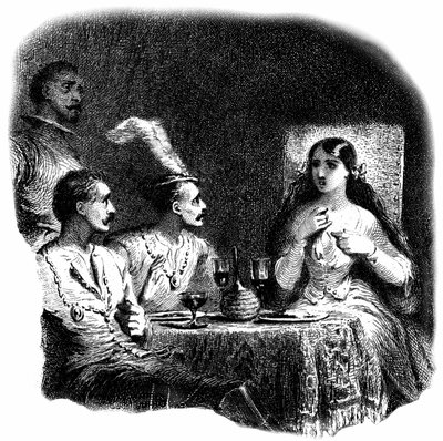 A young woman and three men standing in front of glasses of wine (detail) by Tony Johannot