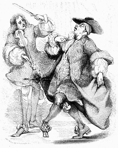 The Bourgeois Gentleman, Mr. Jourdain Dances Under the Direction of His Music Master. Engraving by Tony Johannot in the Edition of the Complete Works, Paulin 1836 by Tony Johannot