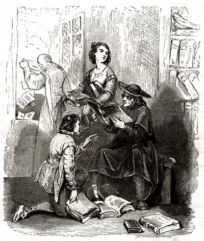The priest Pero Perez and the barber Nicolas inspecting the books in Don Quixote