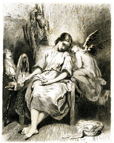 Young woman (spinner) sleeping by her wheel - an angel leans over her shoulder - sleep - dream - reverie - love by Tony Johannot