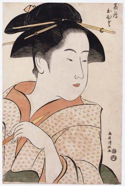 A bust portrait of Ohisa of the Takashimaya holding a tobacco pipe by Torii Kiyomasa