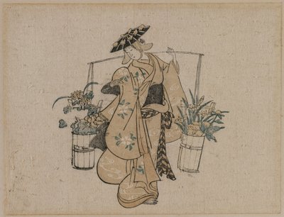 A Beauty Carrying Two Buckets of Flowers by Torii Kiyomasu