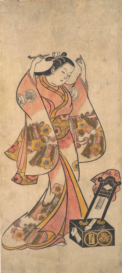 Sanjo Kantaro as a Woman Arranging Her Hair Before a Lacquer Mirror by Torii Kiyomasu II.