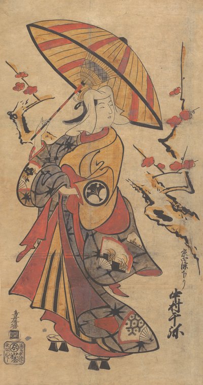Actor Nakamura Senya as Tokonatsu in the Kabuki Play, The Legacy of the Three-Comma Family by Torii Kiyomasu I
