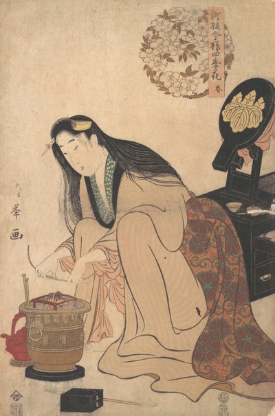 Lady Arranging Binsashi Support for the Hair over the Temples to put in Her Hair, ca. 1808 by Torii Kiyomine