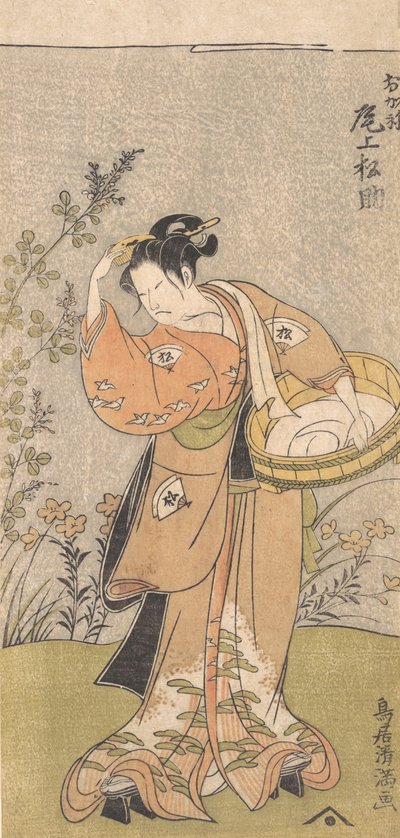 The Actor Onoya Matsusuke, in Female Robe of O-Kane, Adjusts the Comb in His Hair by Torii Kiyomitsu