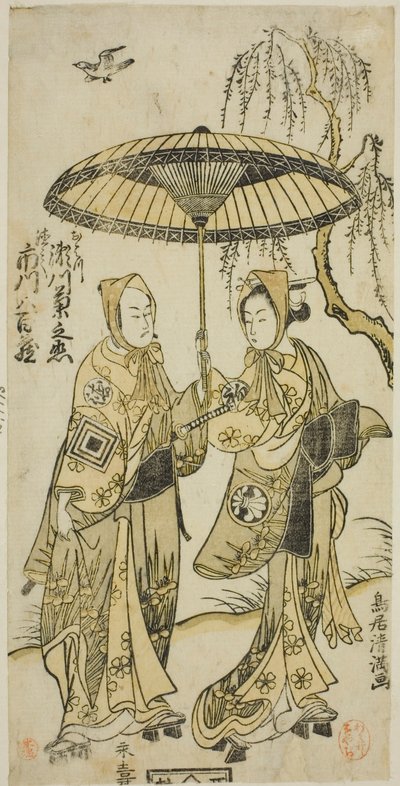 The Actors Segawa Kikunojo II as Ohatsu and Ichikawa Yaozo II as her lover Tokubei in the play "Yoni Osaka Nitsui no Meoto," performed at the Ichimura Theater in the second month, 1767 by Torii Kiyomitsu I