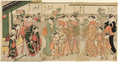 Courtesans of Yoshiwara and Their Attendants Viewing the Peonies on Nakanocho by Torii Kiyonaga