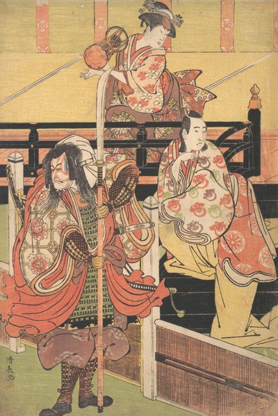 On a Balcony a Woman is Seated Playing a Tsuzumi, below a Man in Daimyo Costume is Seated, ca. 1790 by Torii Kiyonaga