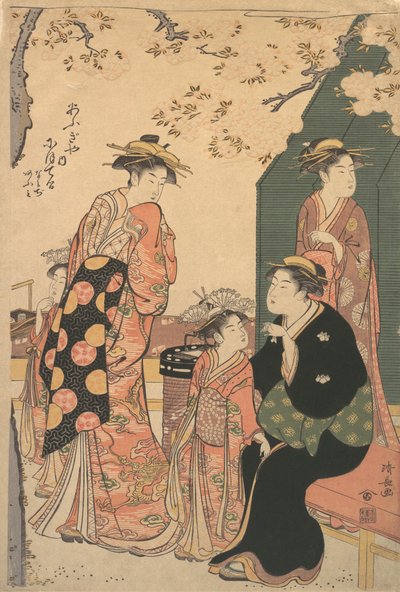 Portrait of the Courtesan Nioteru of the Ogiya, with Her Two Attendants Namiji and Ao by Torii Kiyonaga