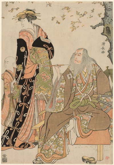 The Actors Ichikawa Danjuro V as Hige no Ikyu, Nakamura Riko as Agemaki, and Ichikawa Ebizo as Agemaki